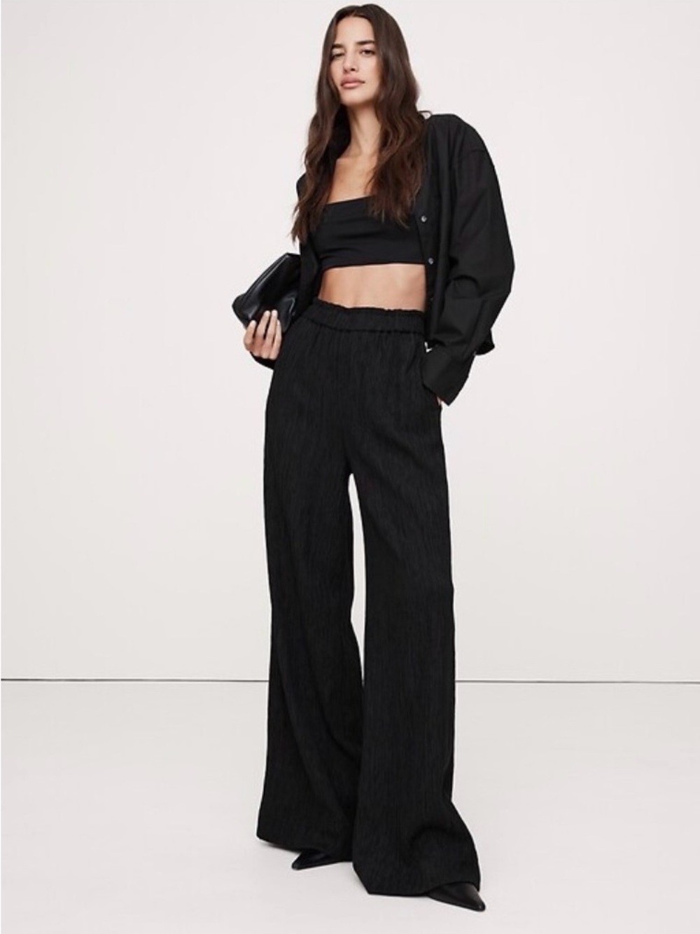 Banana Republic Black High-Rise Wide-Crinkle Crepe Leg Pull-On Pants